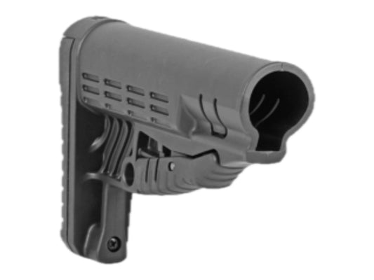 DLG Tactical TBS Classic buttstock angled rearward showing the buffer tube opening