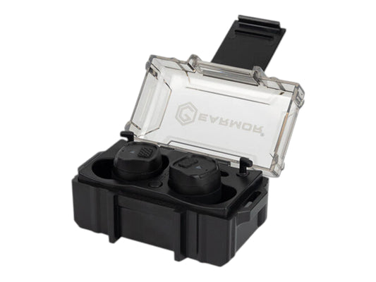 Earmor M20T Pro charging case open at an angle showing both earbuds seated inside
