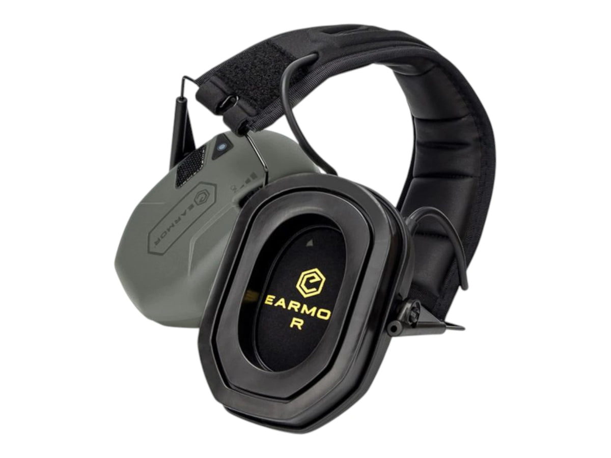 Green Earmor M300T earmuffs folded, showing the right cup with the gold Earmor logo