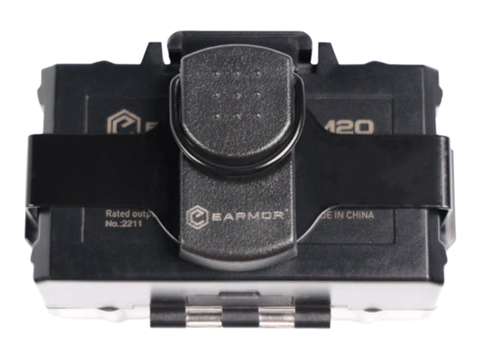 Earmor S25 holder strapped around a battery pack, front view showing the branded grip pad