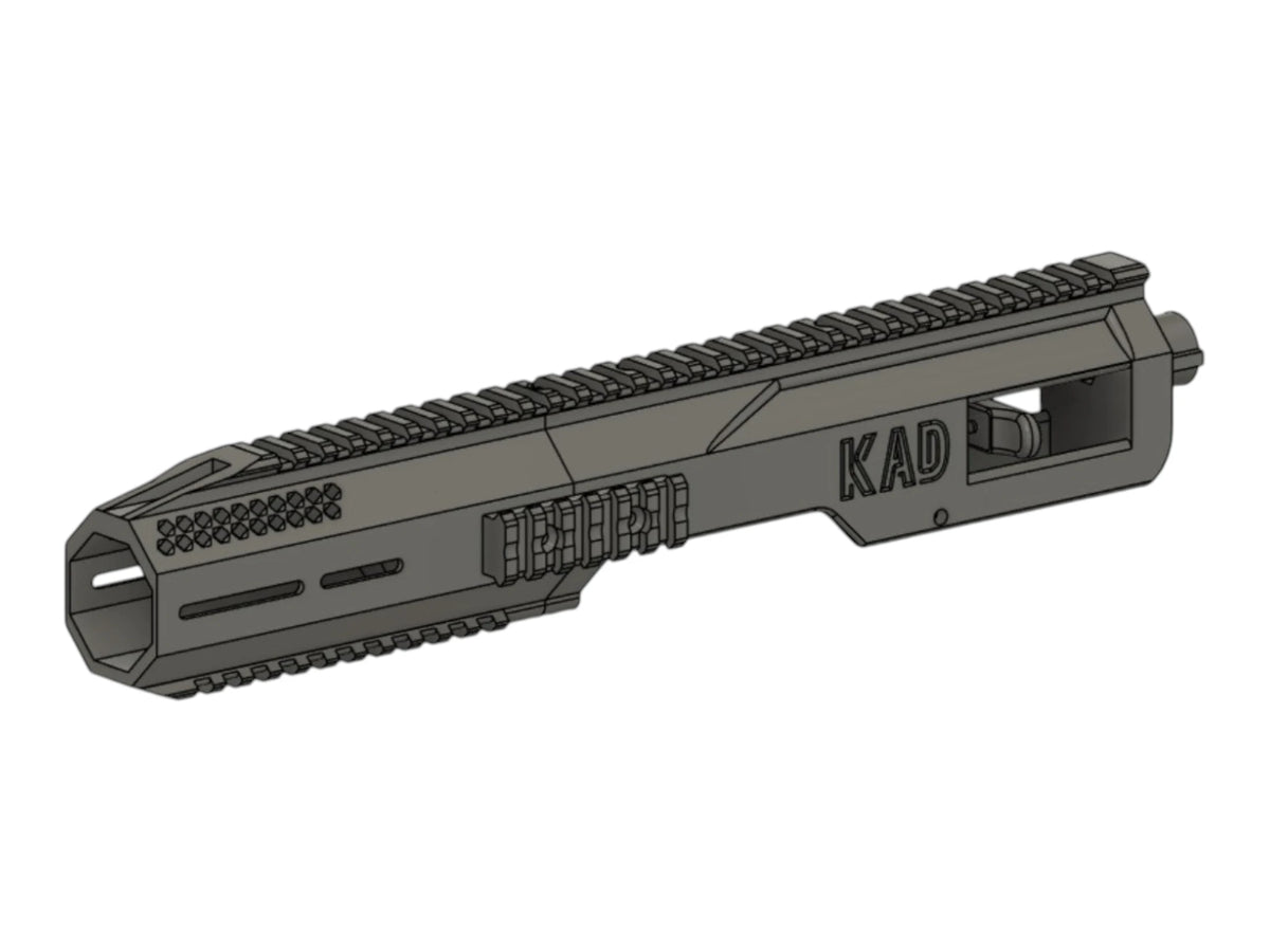 CAD render of the Kross Airsoft Design AAP-01 carbine kit shell, showing the full-length top rail and KAD marking