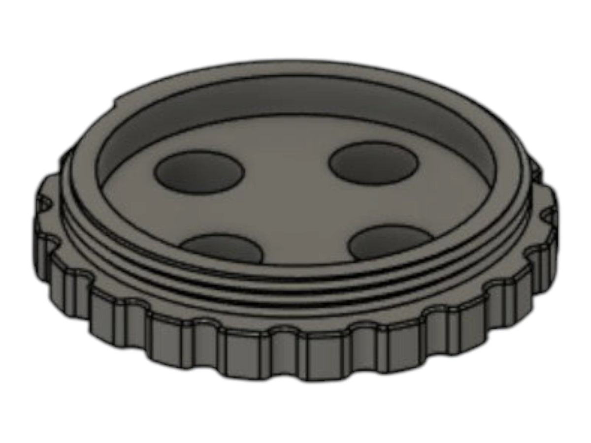 CAD render of the Kross Airsoft Design Balystik regulator cap, showing the knurled rim and three ports