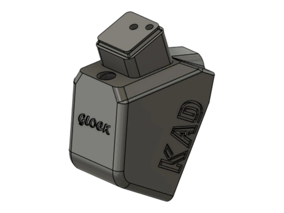 CAD render of the Kross Airsoft Design Glock and AAP-01 angled HPA adapter, marked Glock and KAD