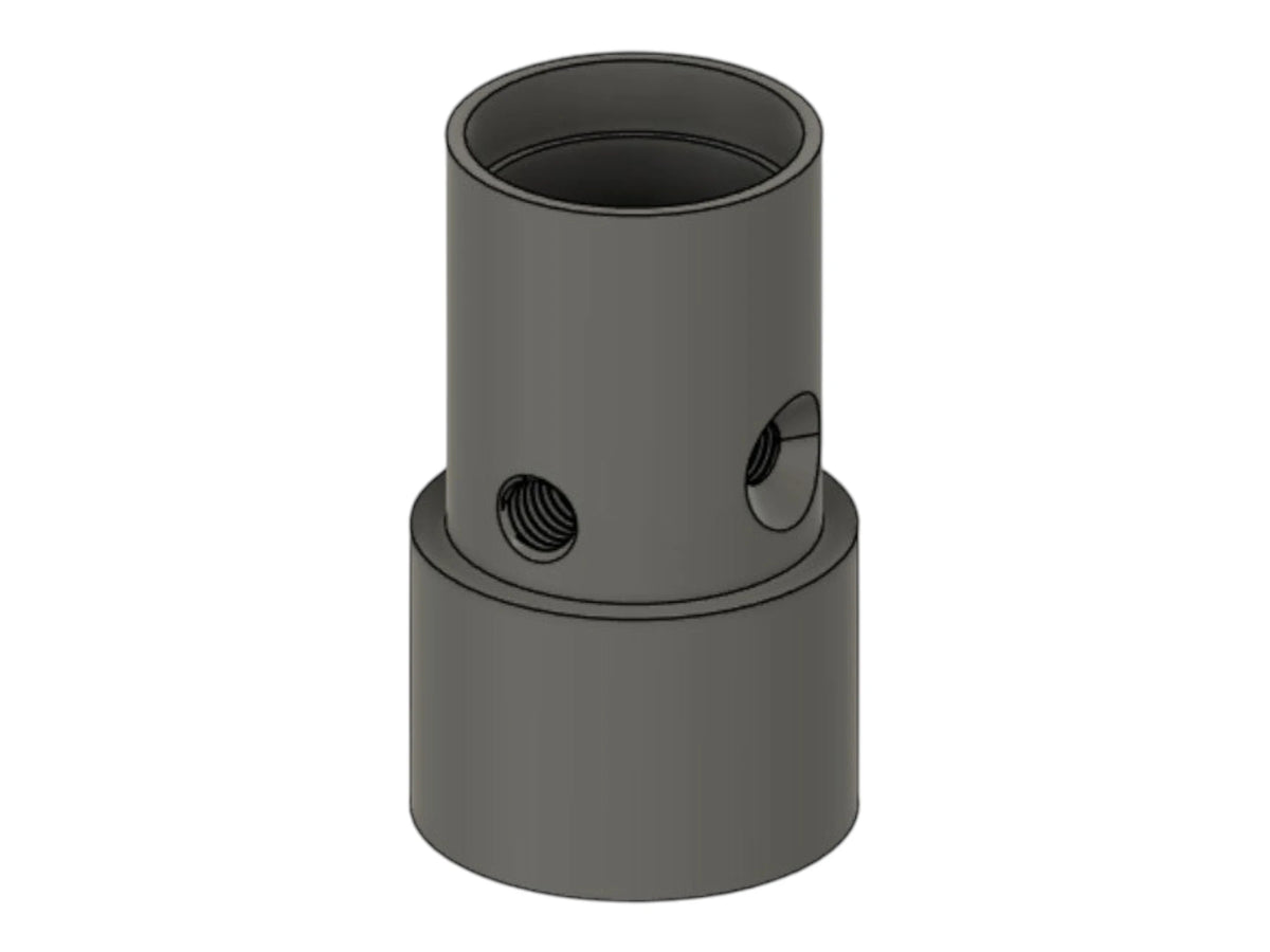 CAD render of the Kross Airsoft Design Legacy Storm on-tank base replacement, a stepped threaded body