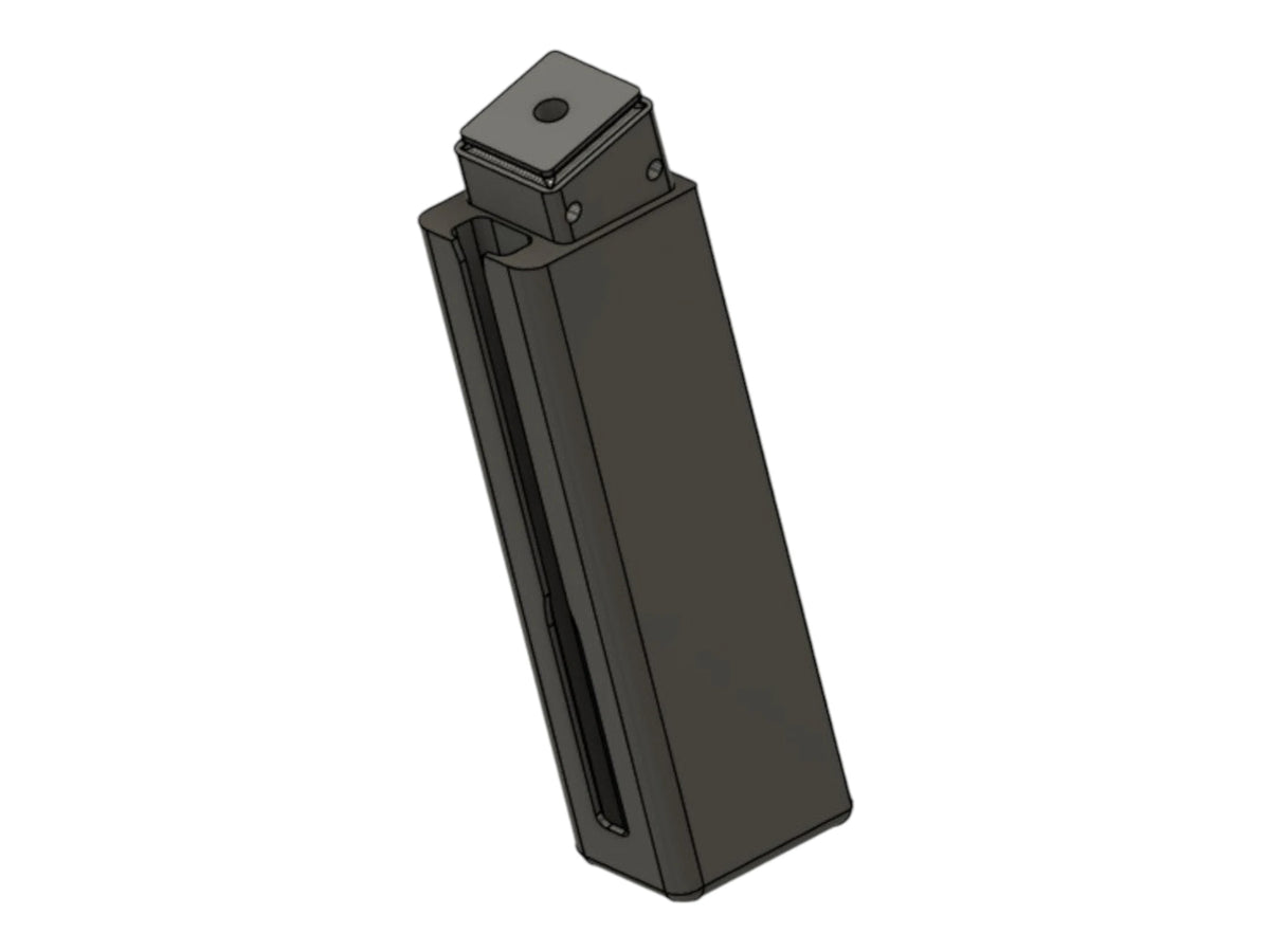 CAD render of the Kross Airsoft Design MK23 extended magazine, stood upright with the feed lip on top