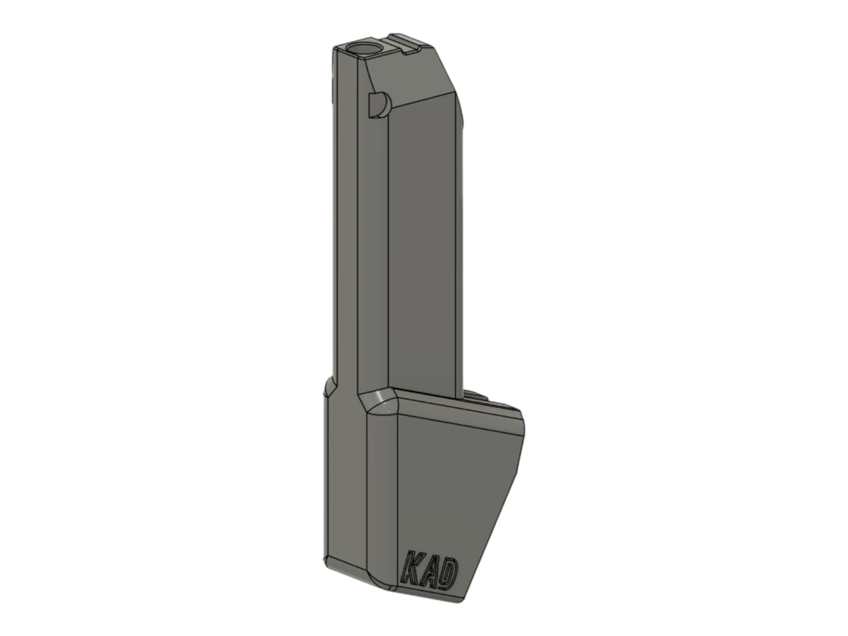 CAD render of the Kross Airsoft Design PTX magazine adapter in the angled MP5 configuration, marked KAD