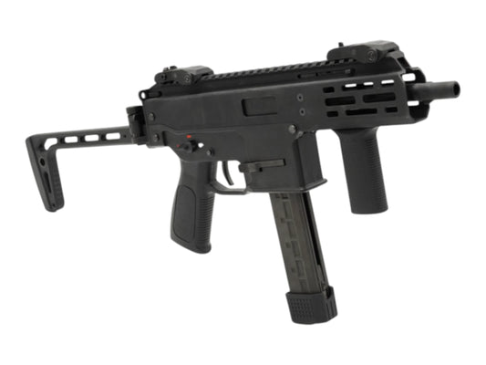 KWA TAC-9 gas SMG angled from the right with the stock extended and magazine fitted