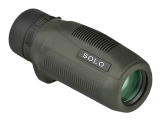 Vortex Solo 10x25 monocular angled to show the objective lens and ribbed grip