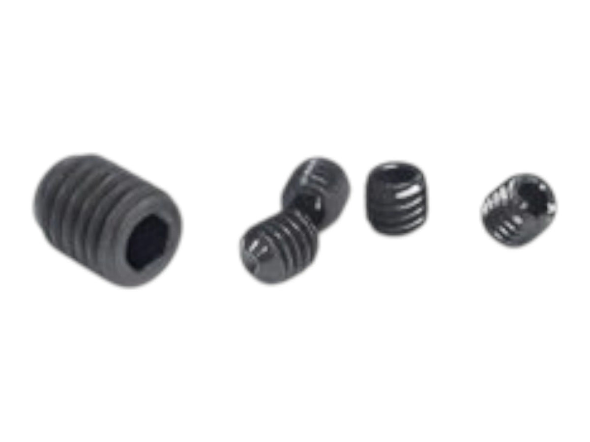 Four Wolverine STORM Cat 5 grub screws in black, shown at different angles with their hex sockets visible