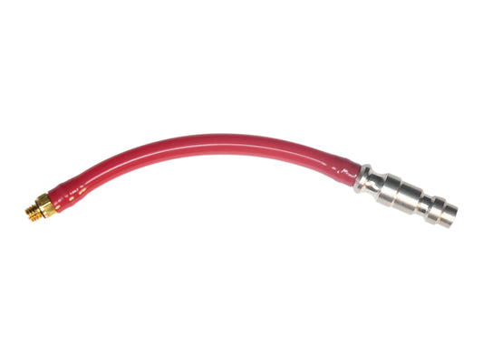 Wolverine FRAC replacement airline in red, with a threaded silver fitting at one end and a brass barbed fitting at the other