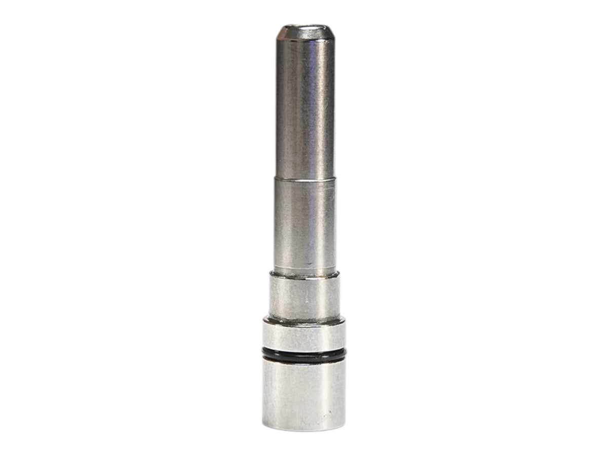 Wolverine INFERNO XTS air nozzle in bare steel, a stepped cylindrical tube with a knurled band and a black o-ring near the base