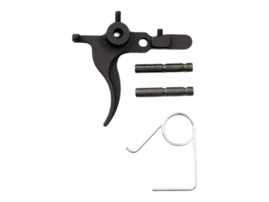 Wolverine MTW curved trigger assembly shown with its hammer bar, four pins and a wire return spring
