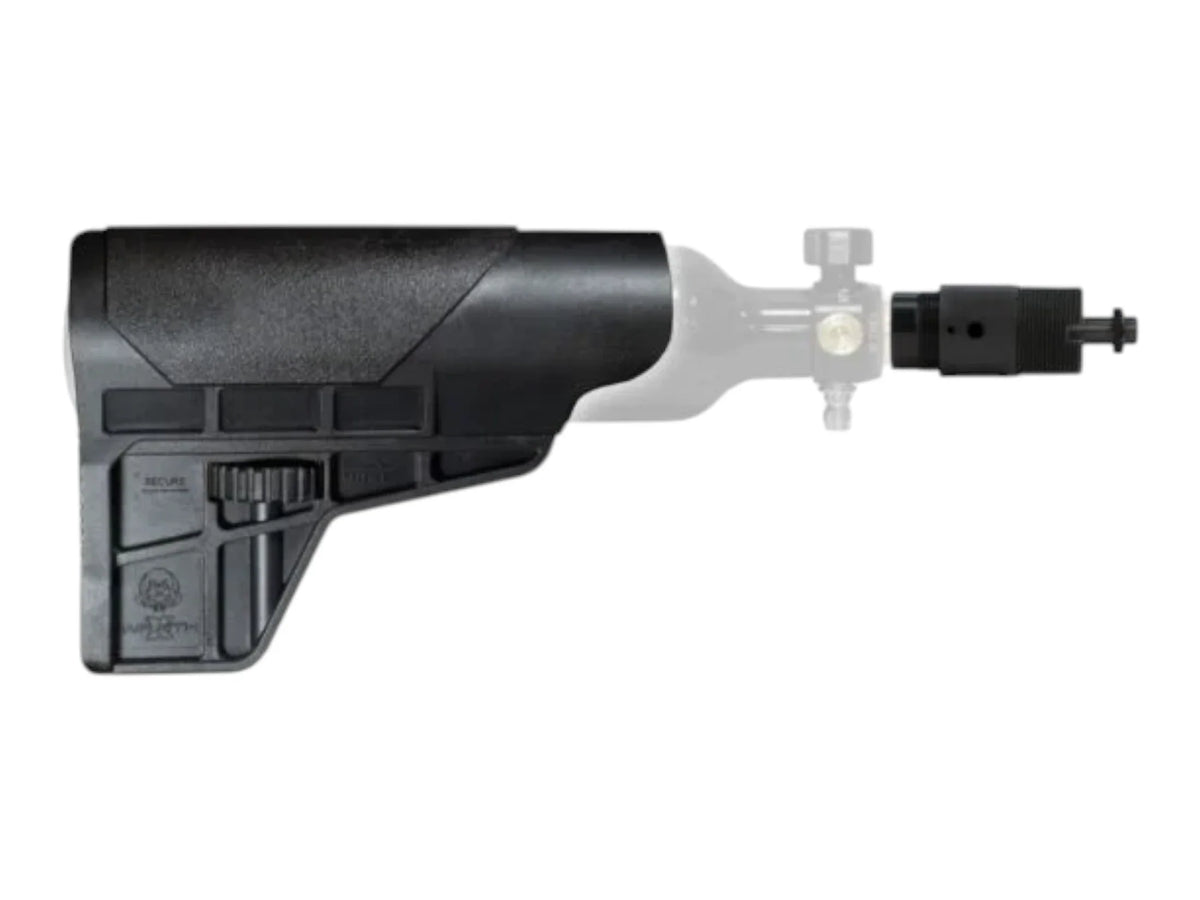 Wolverine WRAITH X HPA tank stock for AEG builds with the STORM Category 5 regulator fitted at the rear