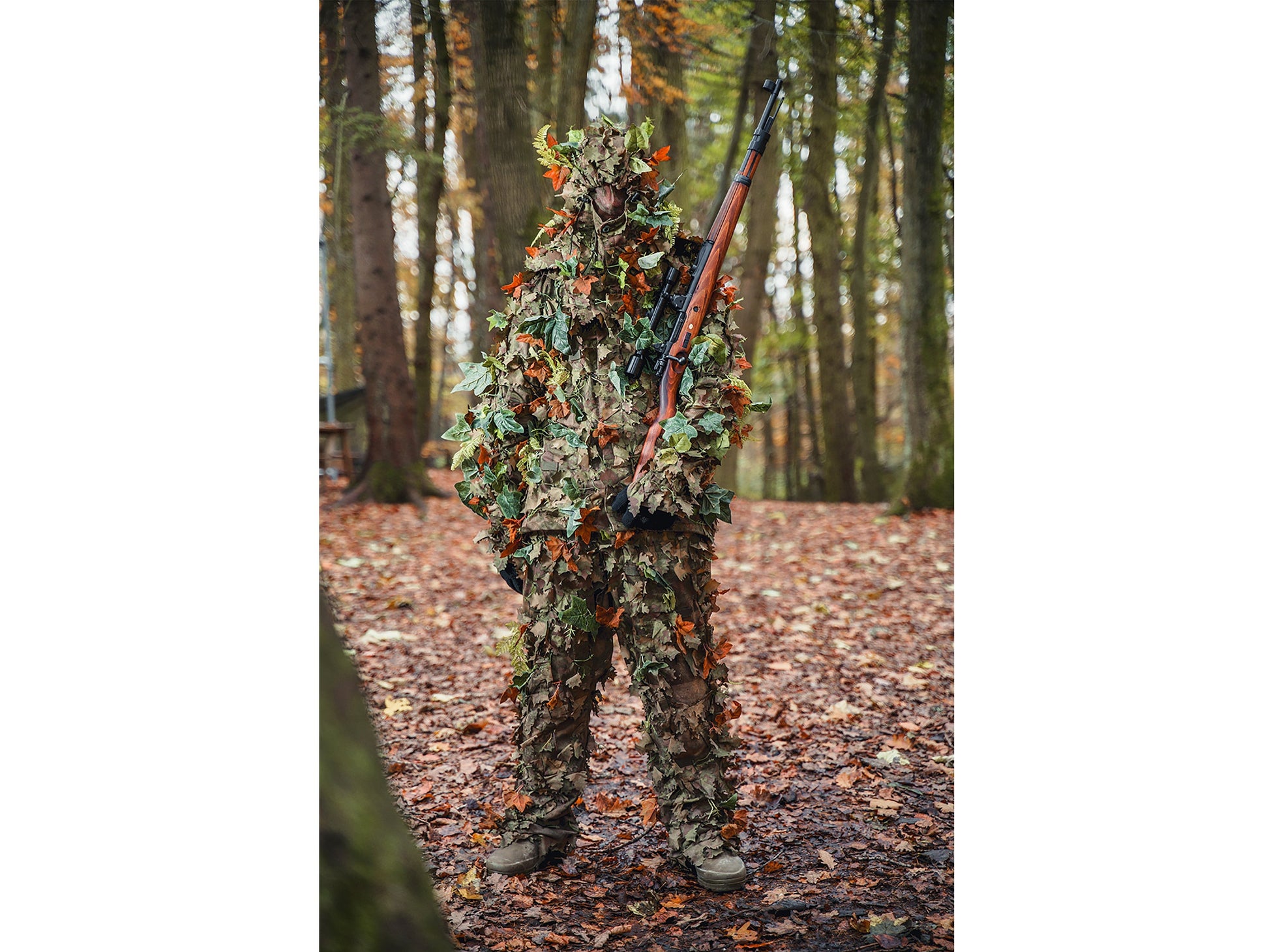Airsoft Player in Ghillie Suit Poses with KAR98K Ares Classic Line Sniper Rifle