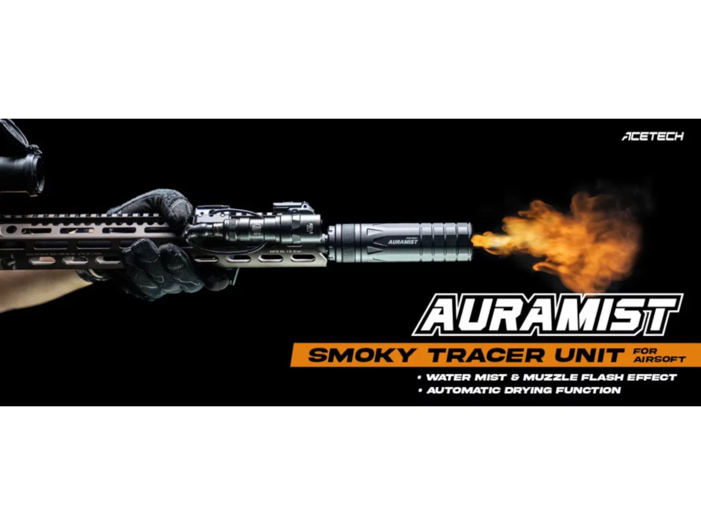 Acetech AuraMist tracer unit showing flame LED simulation