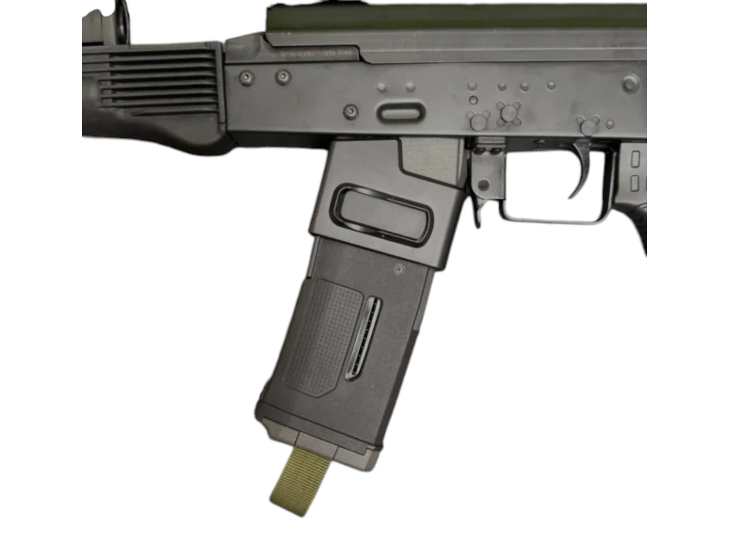 AirTac adapter fitted in a Wolverine MTW AK receiver with an M4 AEG magazine inserted