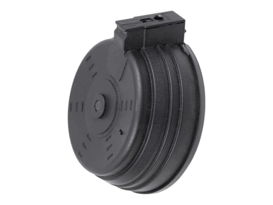 BattleAxe 3500 round electric drum magazine for AK and RPK AEGs in black, shown face on