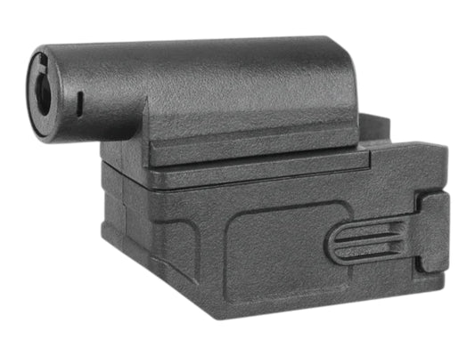 BattleAxe black polymer adapter that lets an M4 AEG magazine feed an M870 shotgun