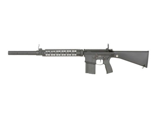 CYMA Platinum GEN2 CM098 M110 DMR with a fixed stock and long handguard, left side