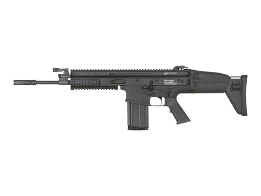 CYBERGUN x CYMA GEN2 CM063H FN SCAR-H AEG in black with the stock extended, left side