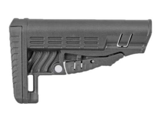 DLG Tactical TBS Classic buttstock in black, right side profile with ribbed body