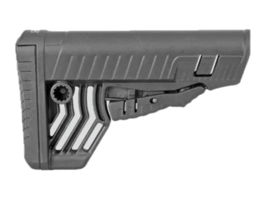 DLG Tactical TBS Select buttstock in black with angled stripe cut-outs on the side