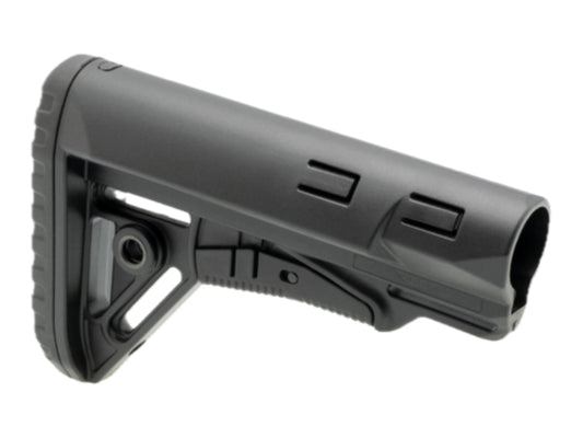DLG Tactical TBS Sharp buttstock angled to show the open buffer tube channel