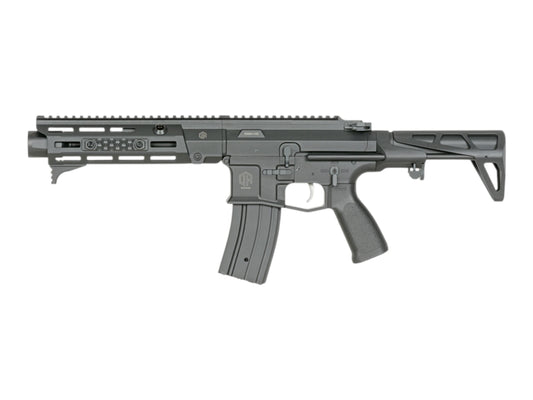Double Eagle M923G DEX556 AEG in black with an M-LOK handguard and folding stock