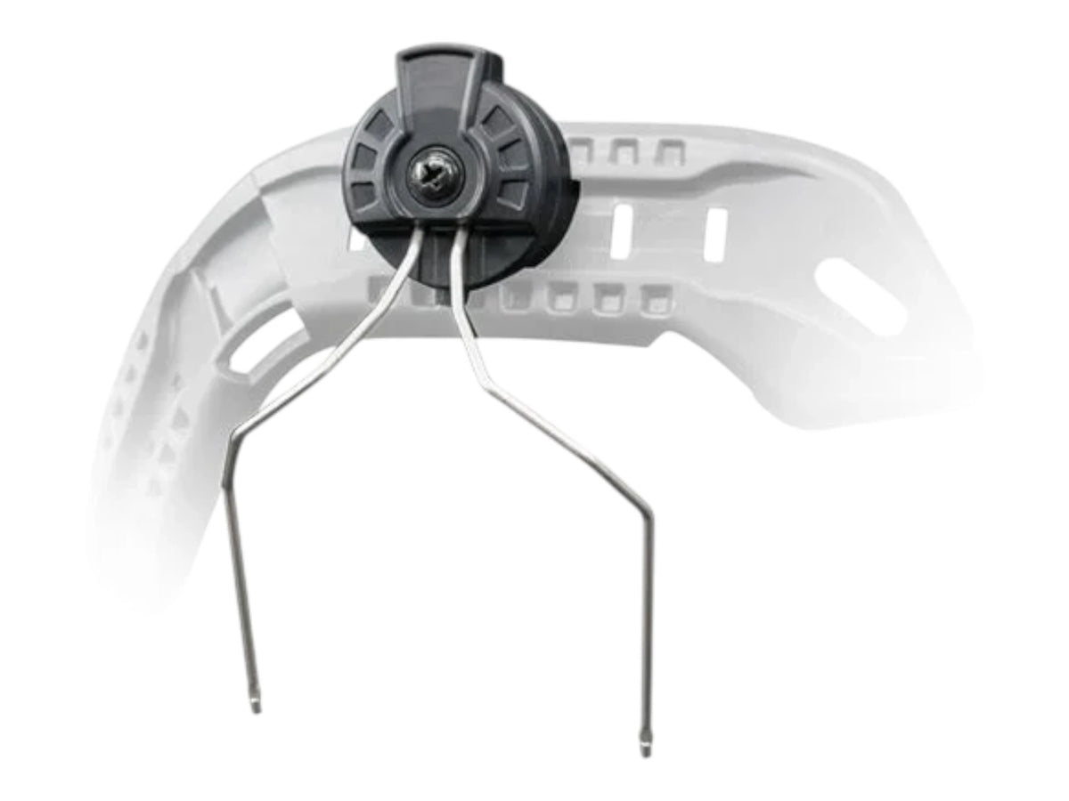 M11 ARC adapter fitted to the rail of a white display helmet shell, viewed from above