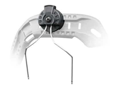 M11 ARC adapter fitted to the rail of a white display helmet shell, viewed from above