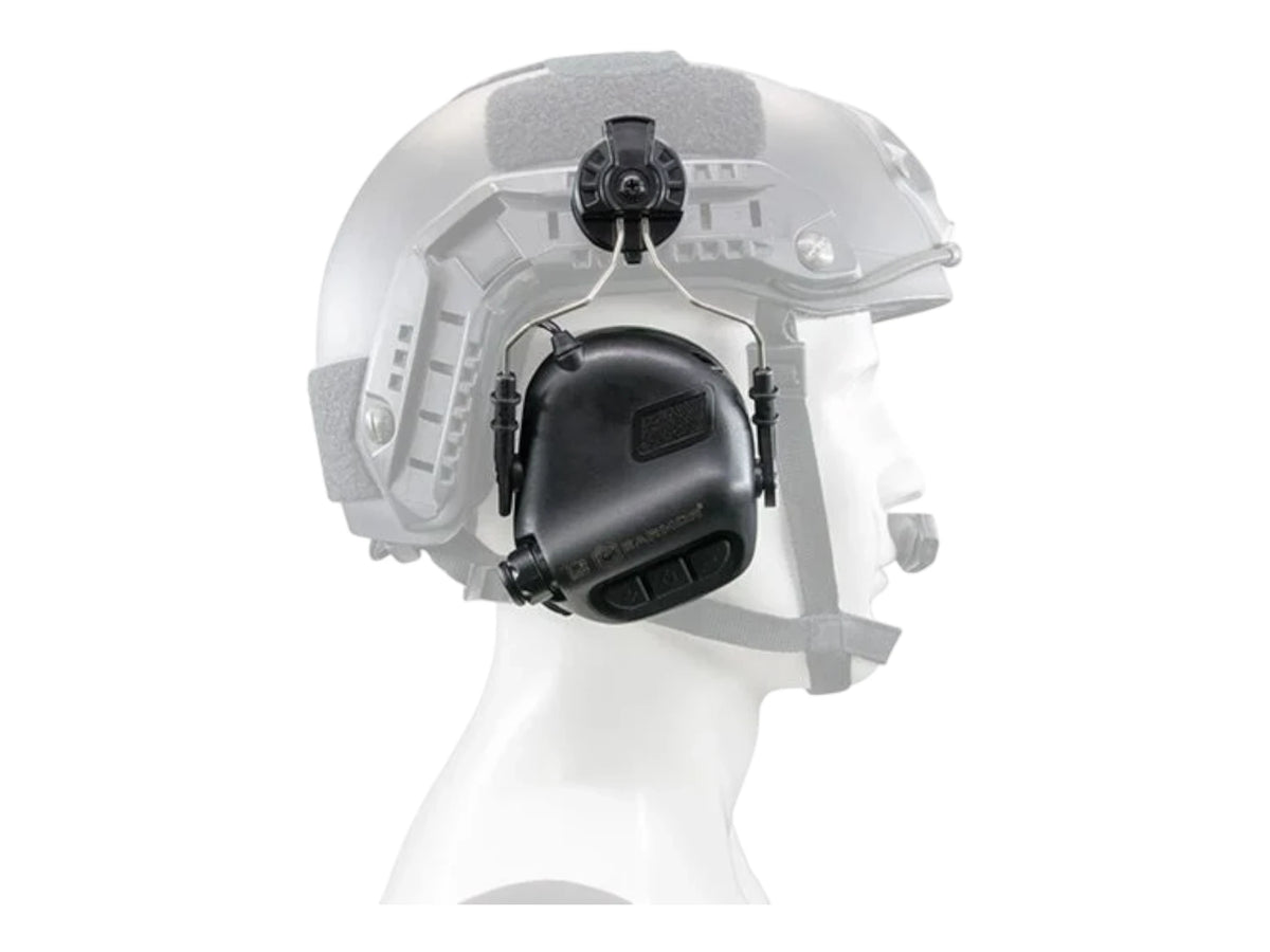 White display helmet on a mannequin with an Earmor ear cup mounted on the M11 ARC adapter