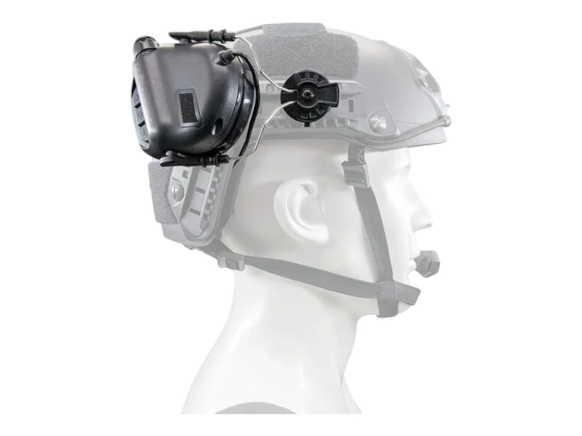 Front three-quarter view of a display helmet with both Earmor ear cups on M11 ARC adapters