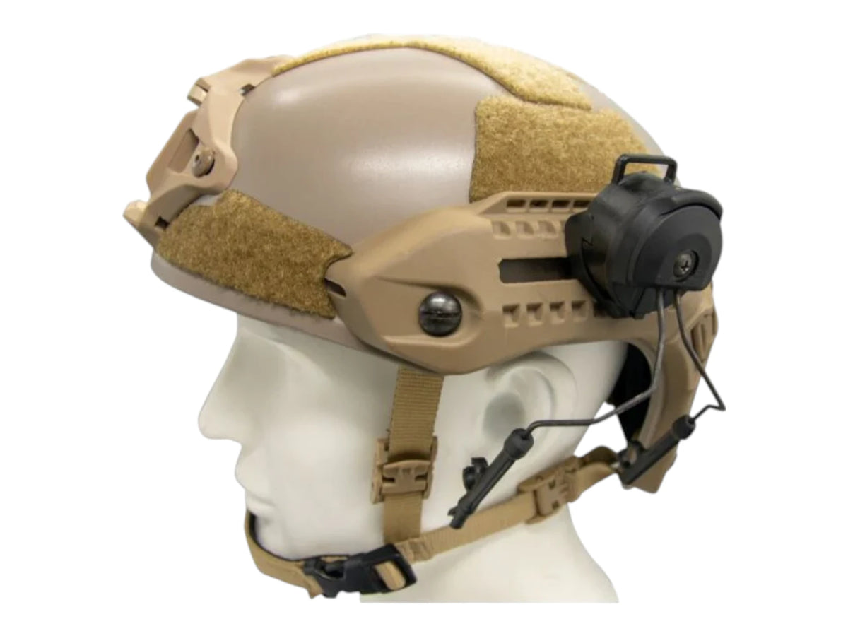 Tan bump helmet on a mannequin head with an Earmor ear cup mounted on the M13 M-LOK adapter
