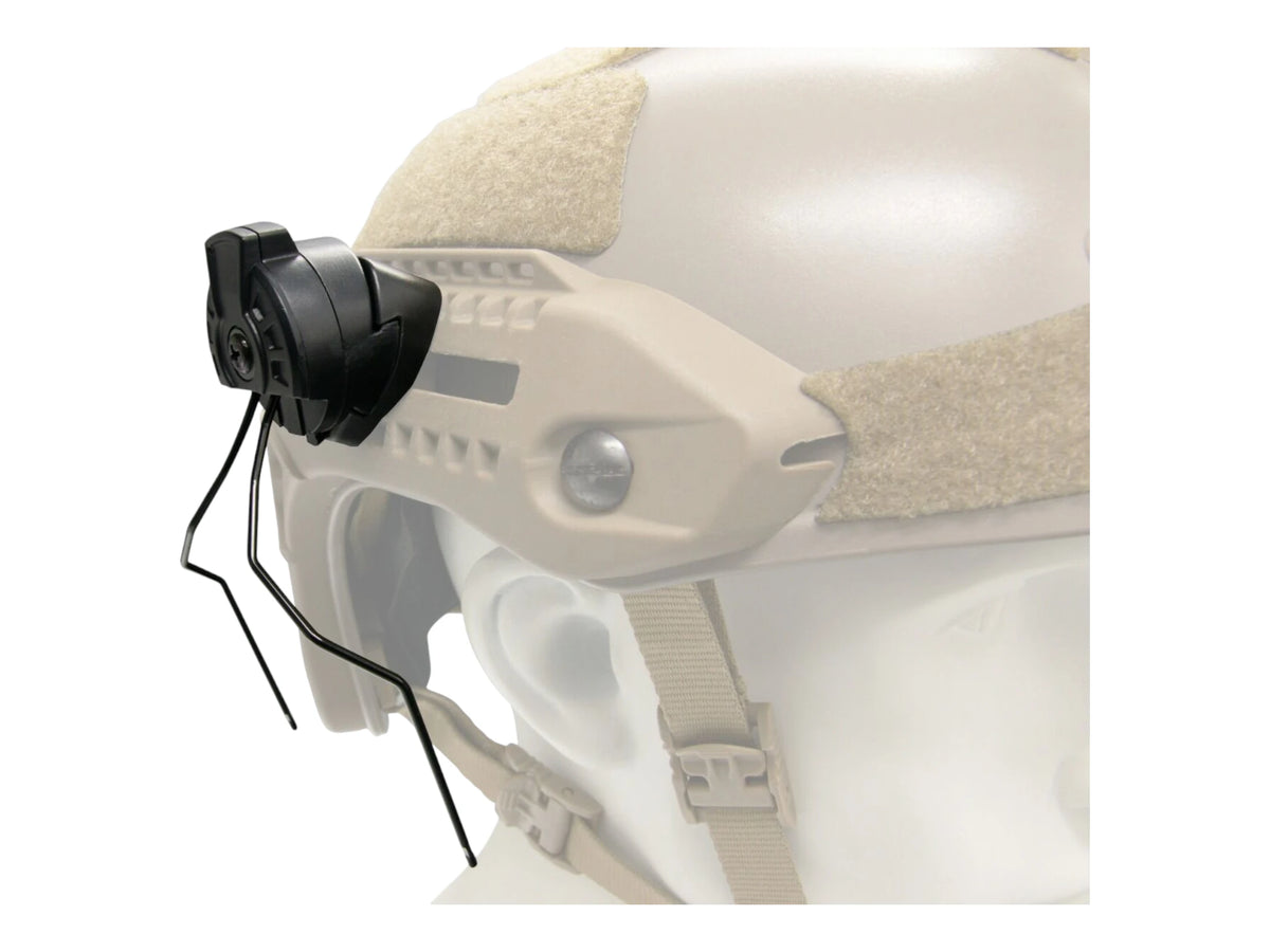 Close-up of the M13 M-LOK adapter and wire arm mounted on the side rail of a tan helmet