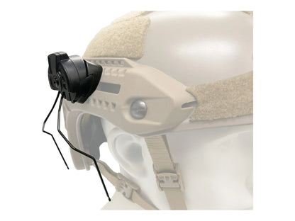 Close-up of the M13 M-LOK adapter and wire arm mounted on the side rail of a tan helmet