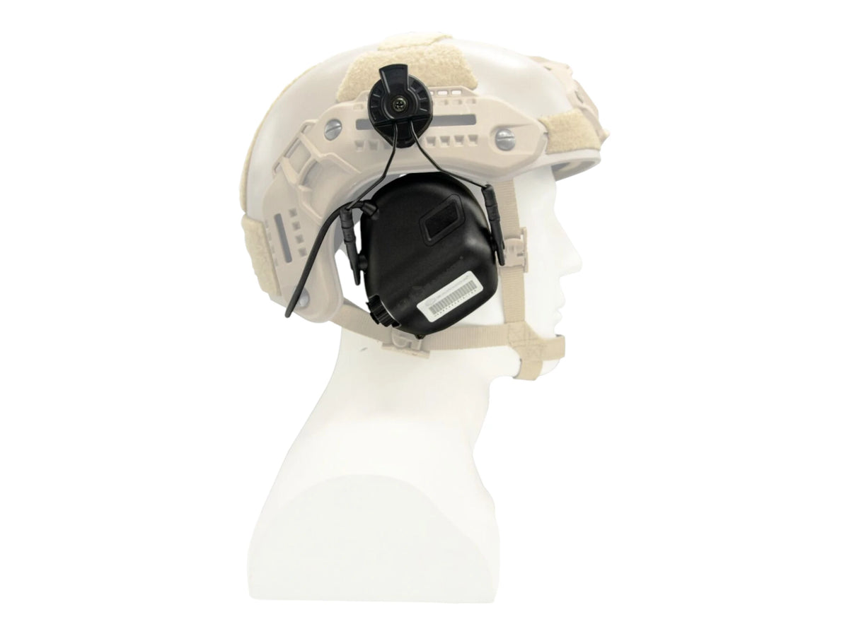 Front view of a tan helmet on a mannequin with a black Earmor headset mounted on M13 adapters