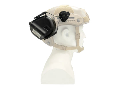 Side view of a tan helmet on a mannequin with a black Earmor ear cup on an M13 M-LOK adapter