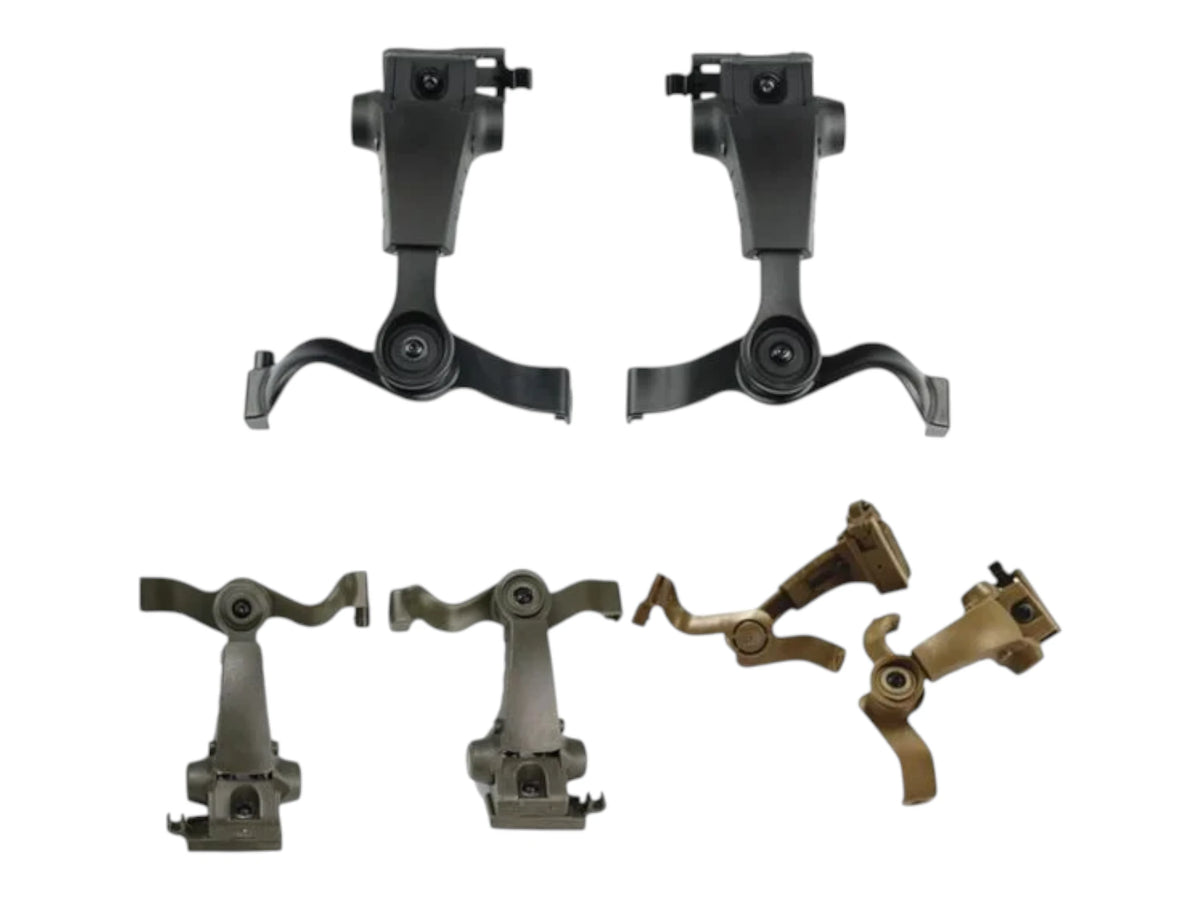 Earmor M16A ARC rail mount kit with a pair of black adaptor arms and green, grey and tan mounting bases