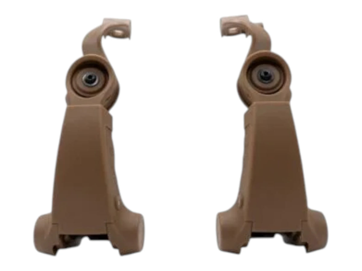 Pair of coyote brown Earmor M16A M-LOK helmet adaptor arms shown from the front