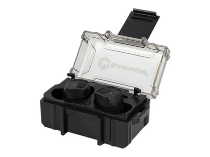 Earmor M20T Pro charging case open at an angle showing both earbuds seated inside