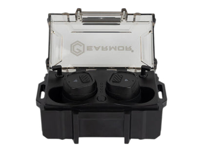 Earmor M20T Pro earbuds in their black charging case with the clear lid open, front view