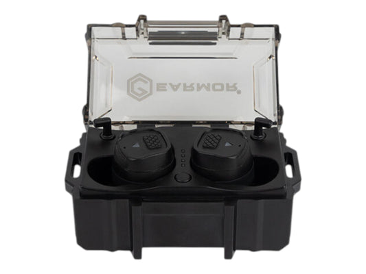 Earmor M20T Pro earbuds in their black charging case with the clear lid open, front view