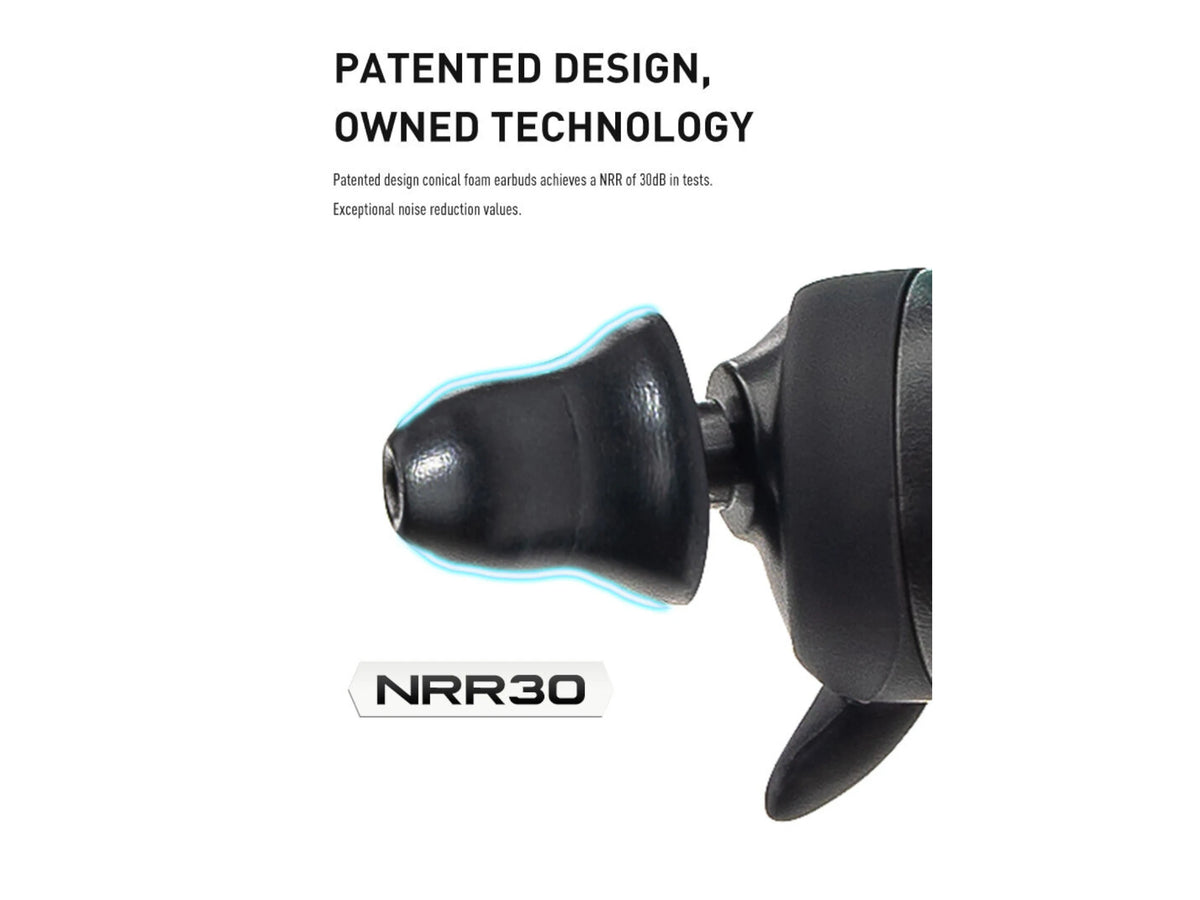 Diagram of the Earmor M20T Pro earbud showing its patented shape and NRR30 marking