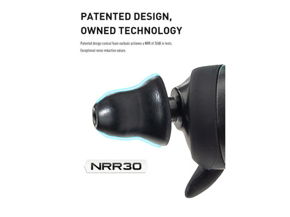 Diagram of the Earmor M20T Pro earbud showing its patented shape and NRR30 marking