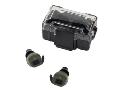 Earmor M20T Pro charging case with a pair of green earbuds resting beside it