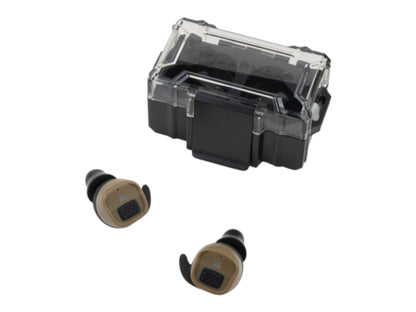 Earmor M20T Pro charging case closed, with a pair of coyote brown earbuds beside it