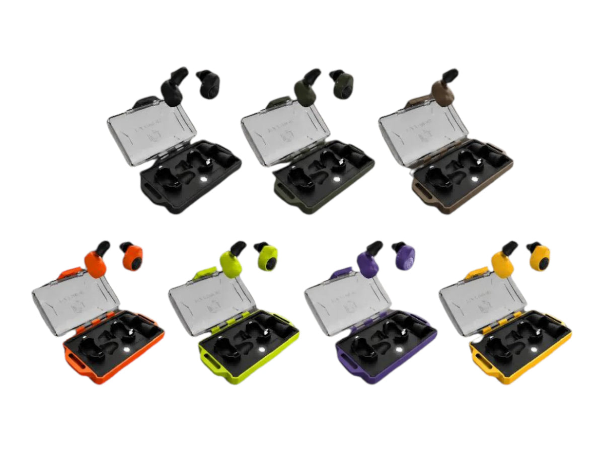 Earmor M23T AI earbuds shown in seven colours, each pair sitting in its clear charging case