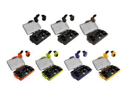 Earmor M23T AI earbuds shown in seven colours, each pair sitting in its clear charging case