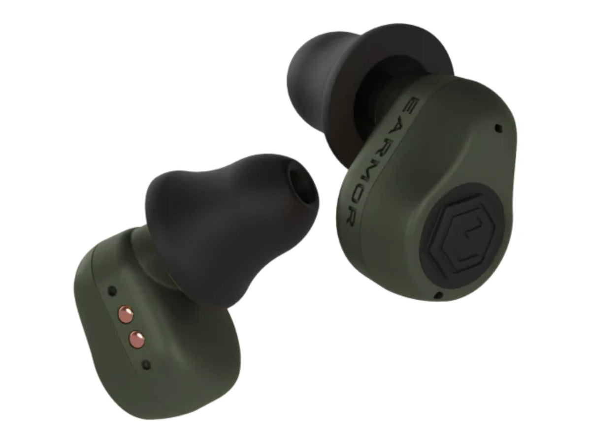 Pair of olive green Earmor M23T AI earbuds shown close up with black foam tips