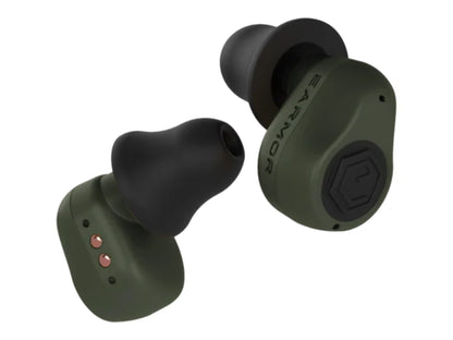 Pair of olive green Earmor M23T AI earbuds shown close up with black foam tips